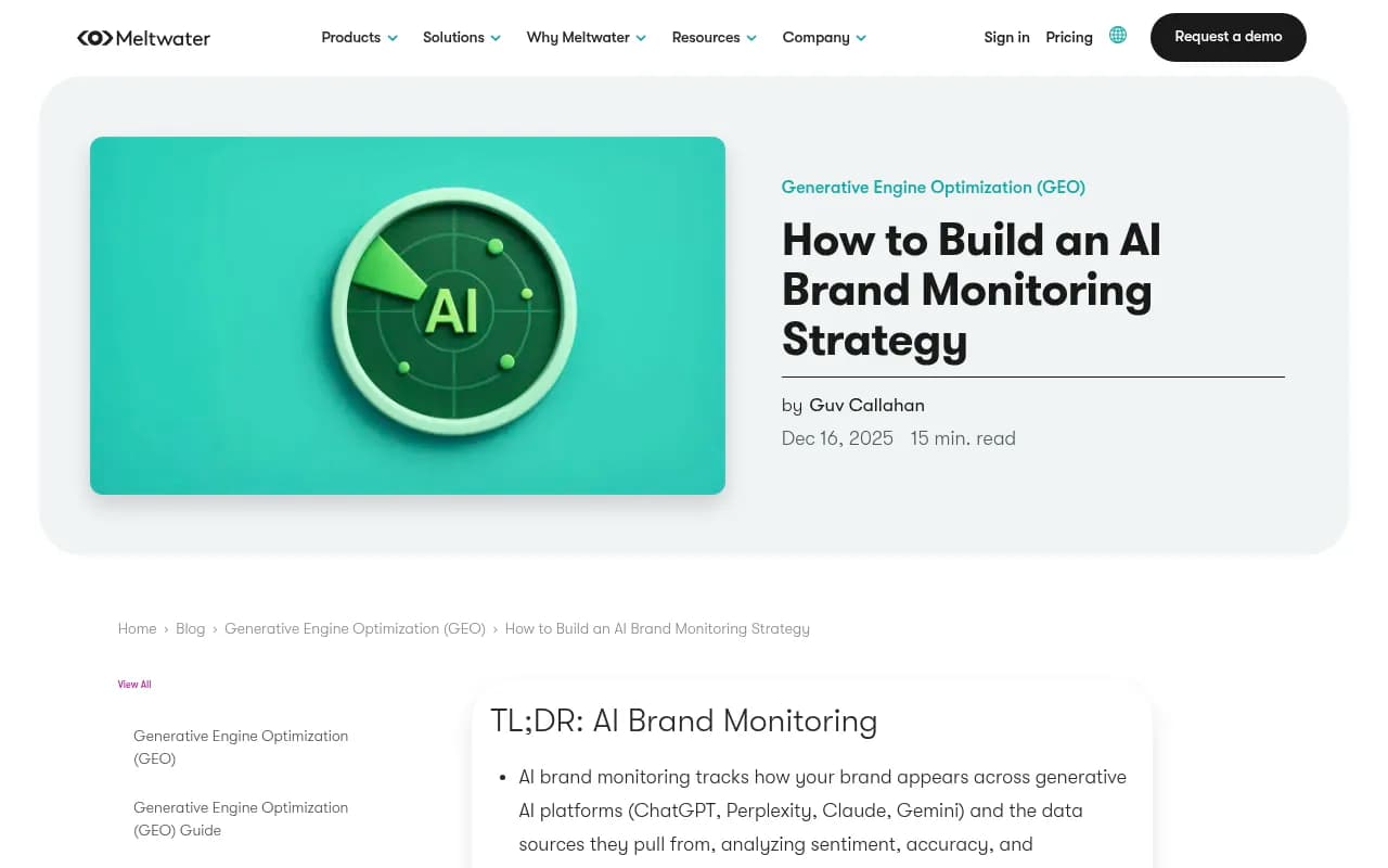 Meltwater dashboard screenshot showing AI brand monitoring guide with GenAI Lens product banner