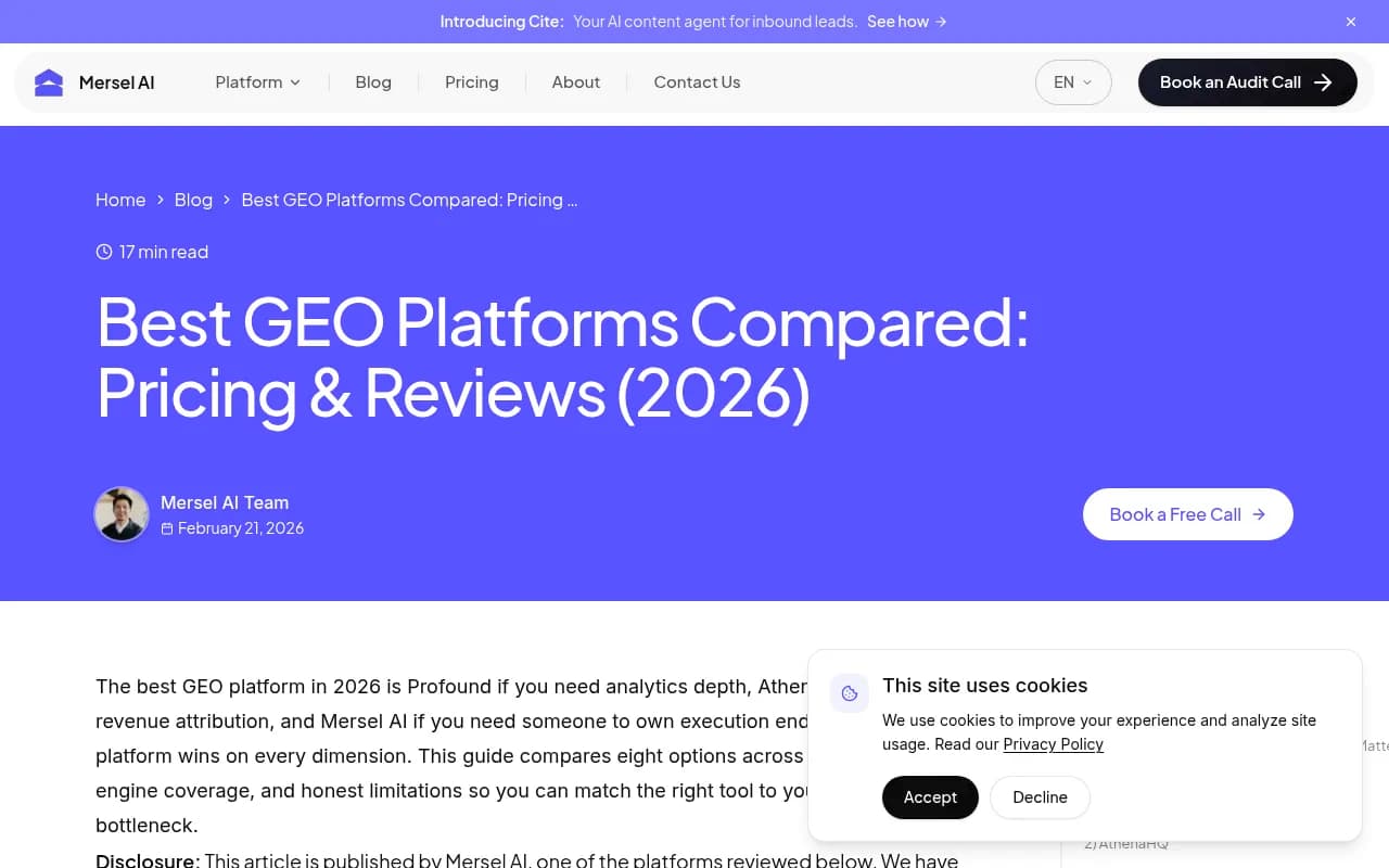 Best GEO platforms compared: pricing and reviews overview from Mersel AI's 2026 comparison