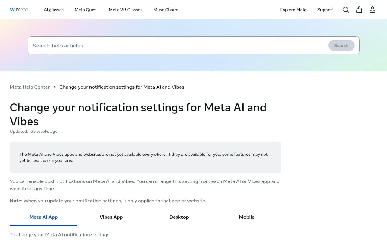 Meta Help Center page explaining how to change notification settings for Meta AI and Vibes