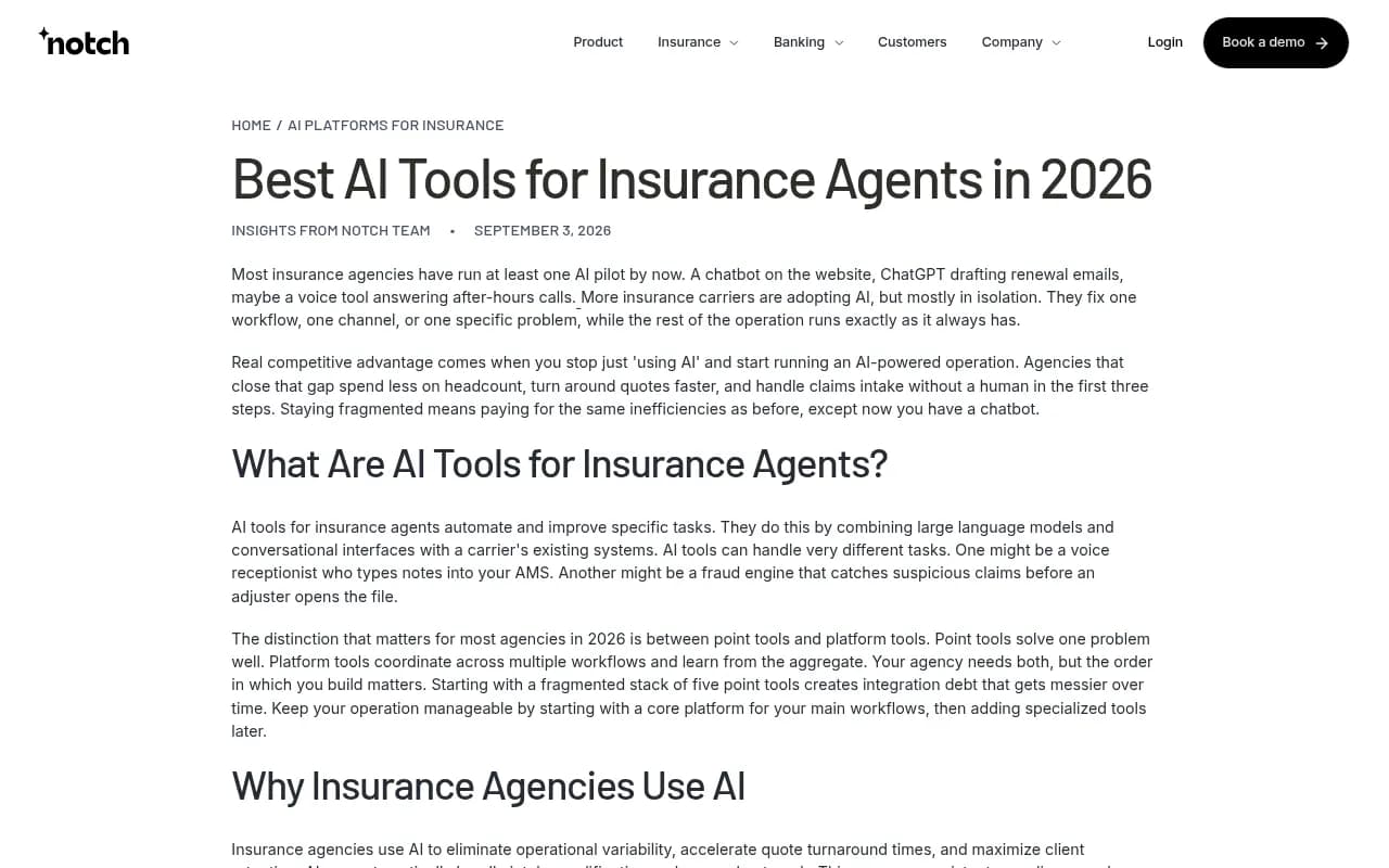 Notch's guide to AI tools for insurance agents, a typical operations-focused roundup