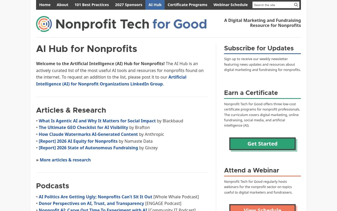 Nonprofit Tech for Good AI Hub, a curated list of AI tools and research for nonprofits