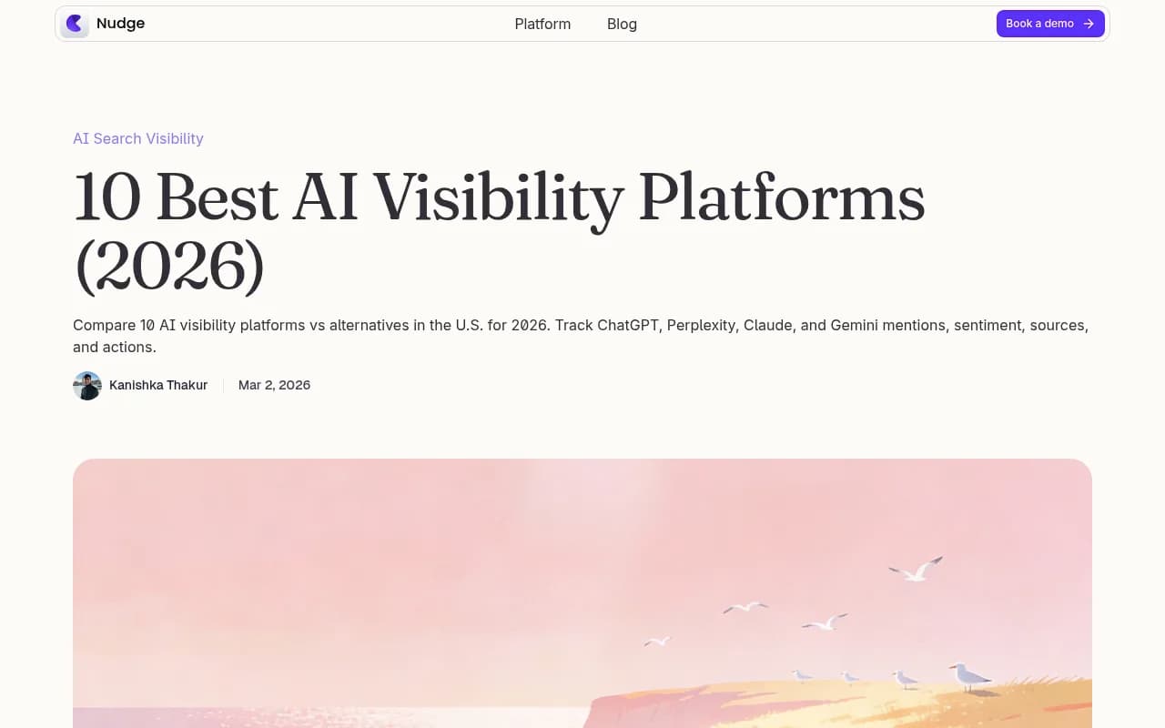 Nudge's 2026 roundup of AI visibility platforms, showing category placements for Goodie AI and other major GEO tools