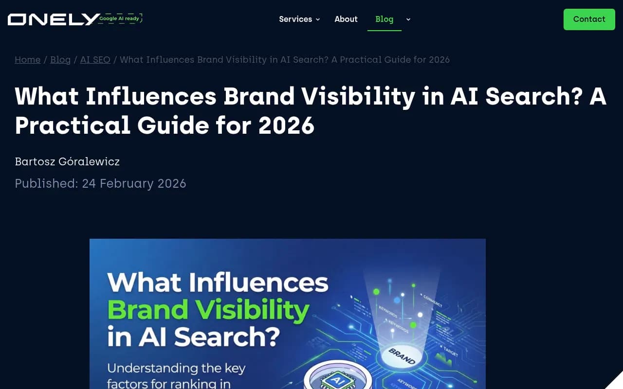 Onely's practical guide to brand visibility in AI search, covering entity signals, content structure, and citation factors