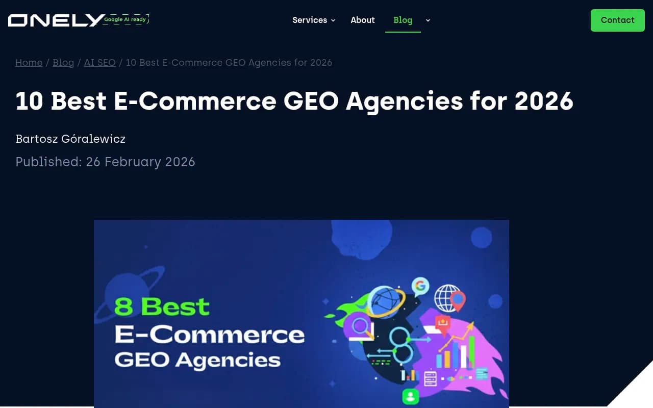 Onely's comparison of top e-commerce GEO agencies showing evaluation criteria including product-level optimization capability and AI citation results