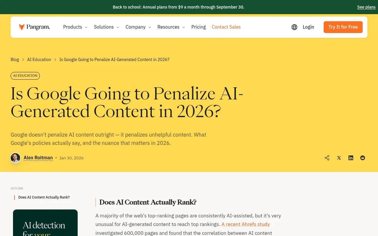 Pangram's analysis of whether Google penalizes AI-generated content, showing the correlation data between AI content percentage and search rankings