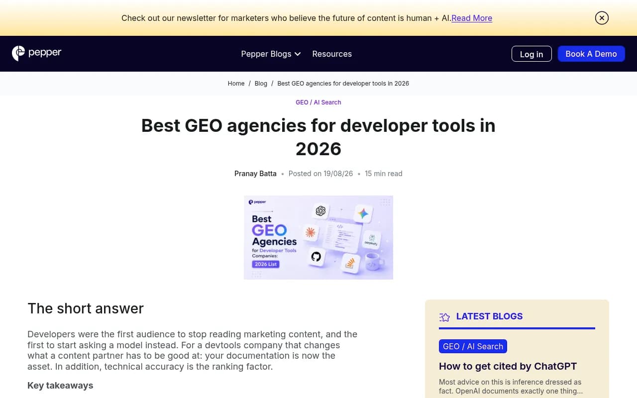 Pepper Content's guide to GEO for developer tools, arguing that documentation is the main asset models retrieve