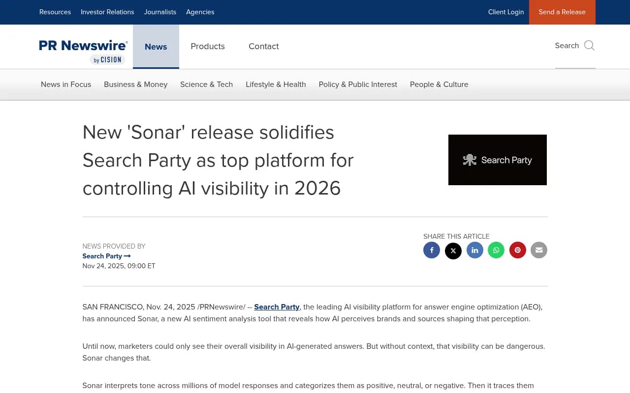 Search Party's Sonar release announcement on PR Newswire