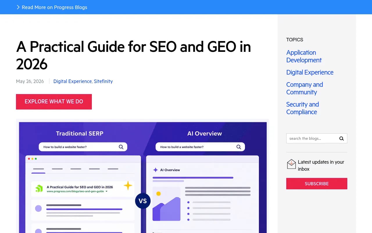 SEO and GEO practical guide from Progress.com showing the unified practice framework
