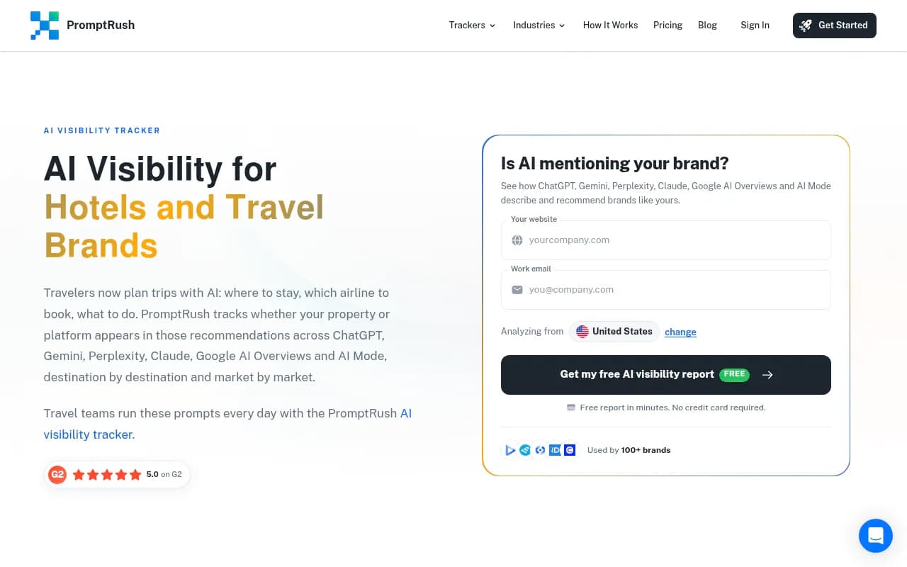 PromptRush travel and hospitality AI visibility page