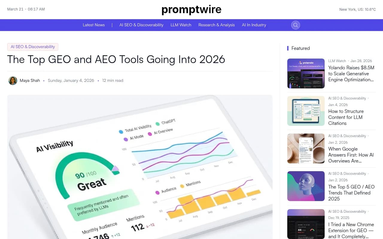 Overview of the top GEO and AEO tools going into 2026, as covered by PromptWire