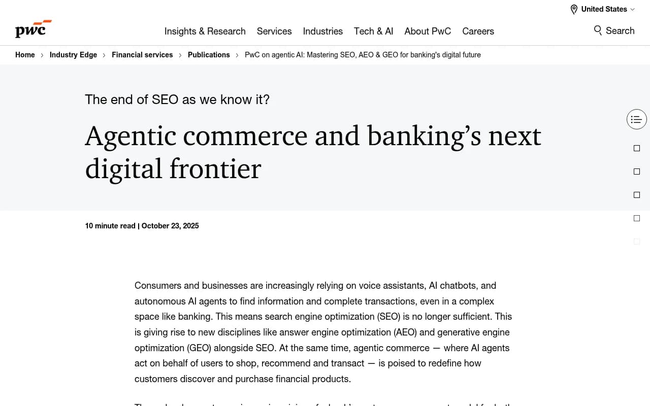 PwC article on agentic commerce and banking, covering the shift from SEO to AEO and GEO