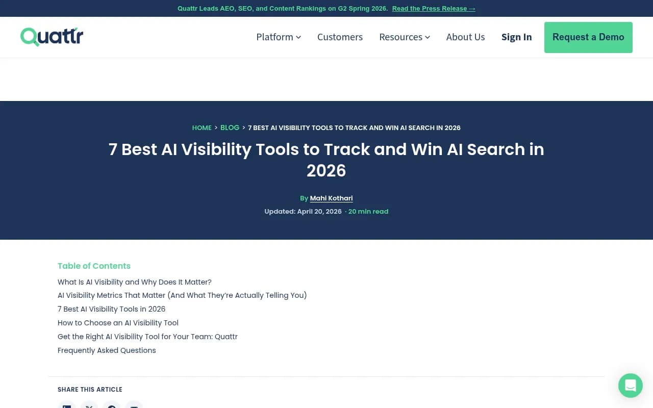 AI visibility tool comparison from Quattr's 2026 guide