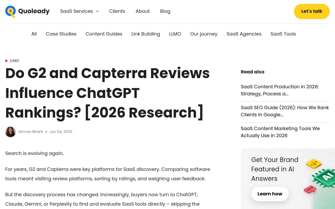 Quoleady's 2026 research comparing G2 and Capterra review counts and scores against ChatGPT rankings for SaaS alternatives keywords
