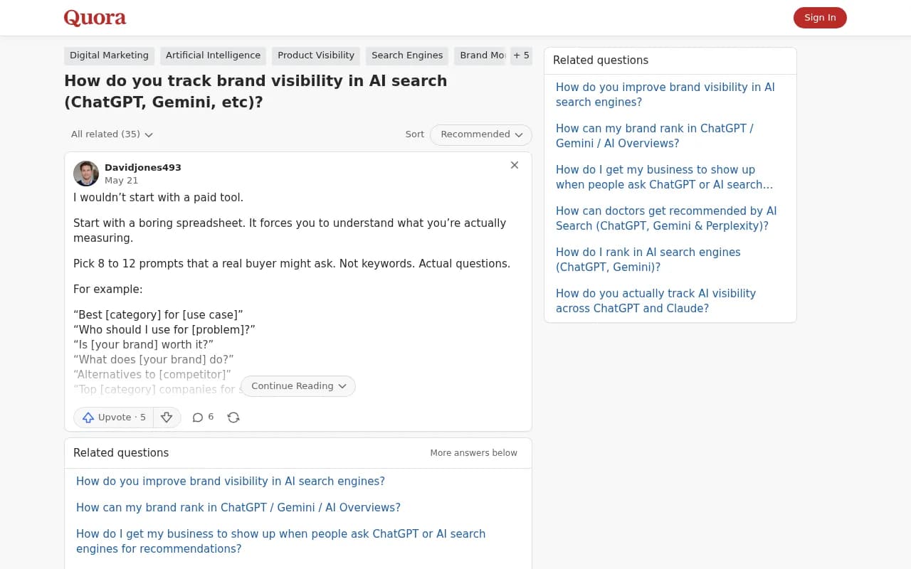A Quora discussion outlining a manual framework for tracking brand visibility across ChatGPT, Gemini, and other AI search tools