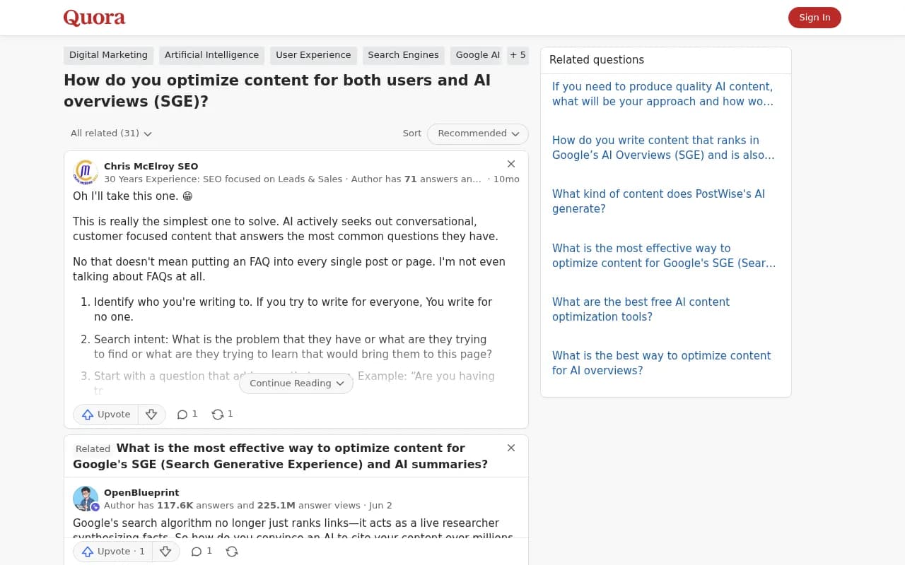 Quora thread where SEO practitioners discuss writing for users and AI Overviews, including starting with the reader's question