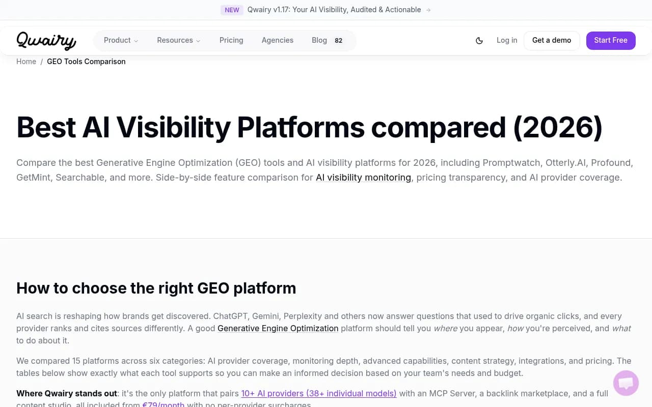 Qwairy's comparison page showing feature breakdown across 15 GEO platforms