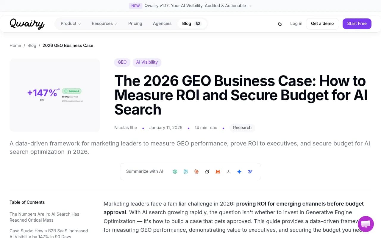 GEO ROI framework from Qwairy's 2026 business case guide