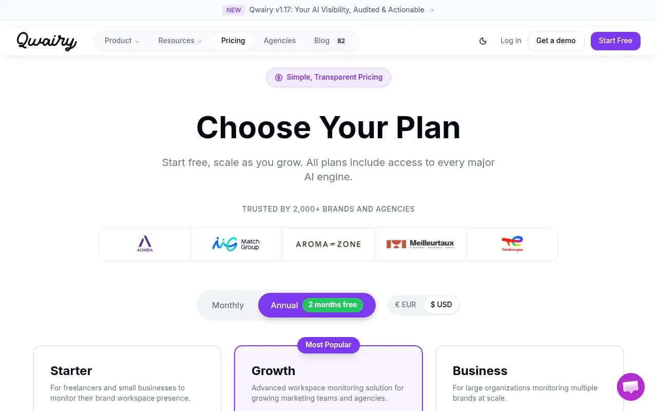 Qwairy pricing plans overview showing Starter, Growth, Business, and Enterprise tiers