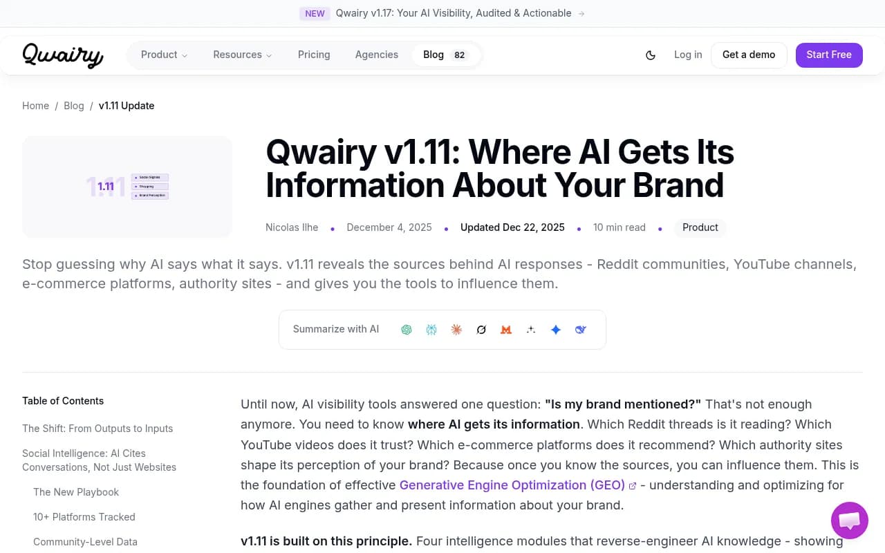 Qwairy v1.11 source intelligence showing where AI engines get brand information
