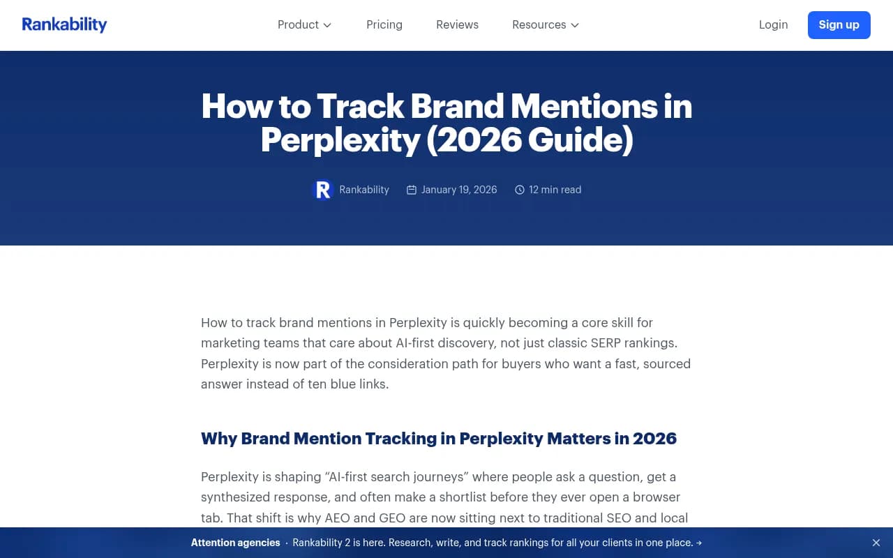 Rankability's guide on tracking brand mentions in Perplexity, showing the framework for measuring mentions, citations, and links separately