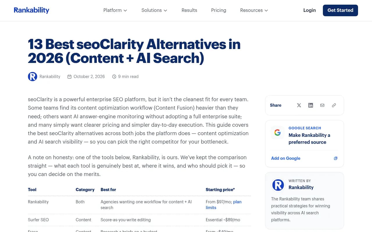 Rankability's blog comparing seoClarity alternatives, showing its agency positioning for content and AI search