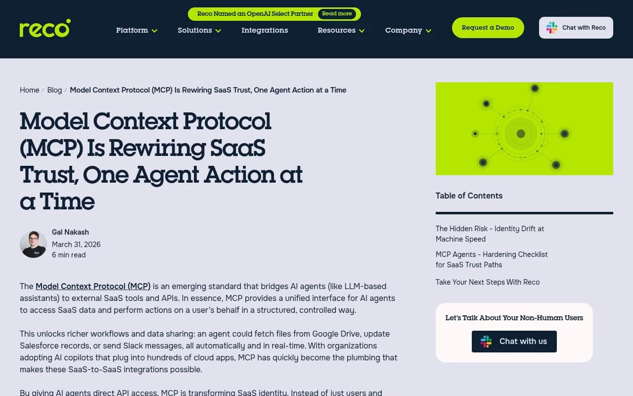 Reco's overview of how MCP is changing SaaS trust models, one agent action at a time