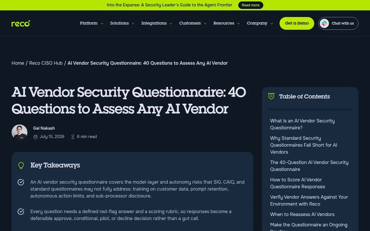 Reco's AI vendor security questionnaire, with red-flag answers for each question