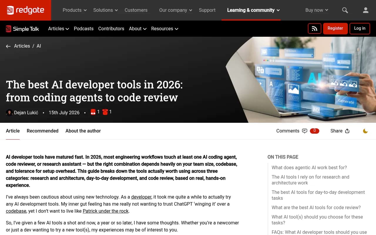 Red Gate Simple Talk's hands-on review of the best AI developer tools in 2026, covering coding agents and code review