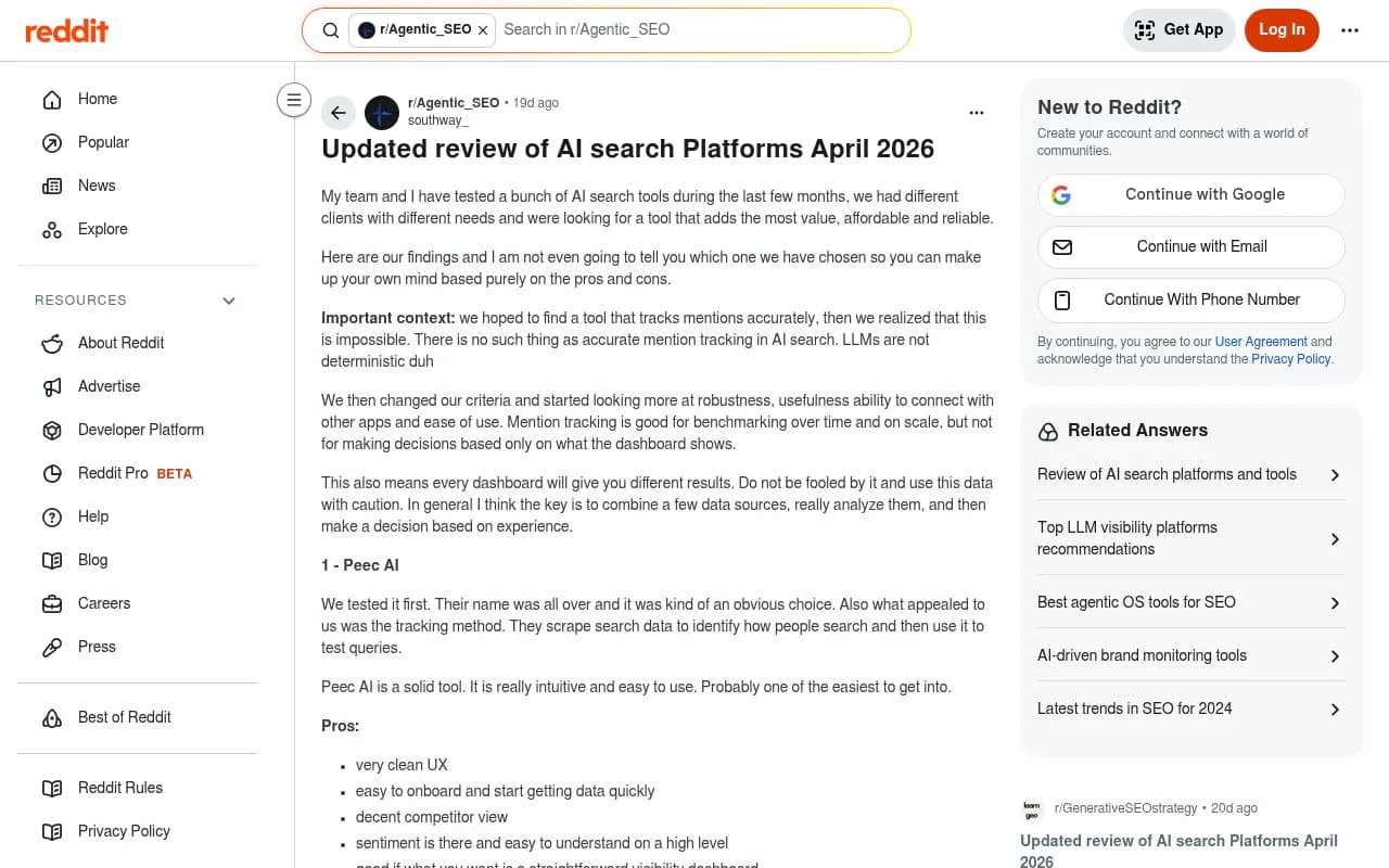 Reddit discussion on AI search platform reviews from April 2026