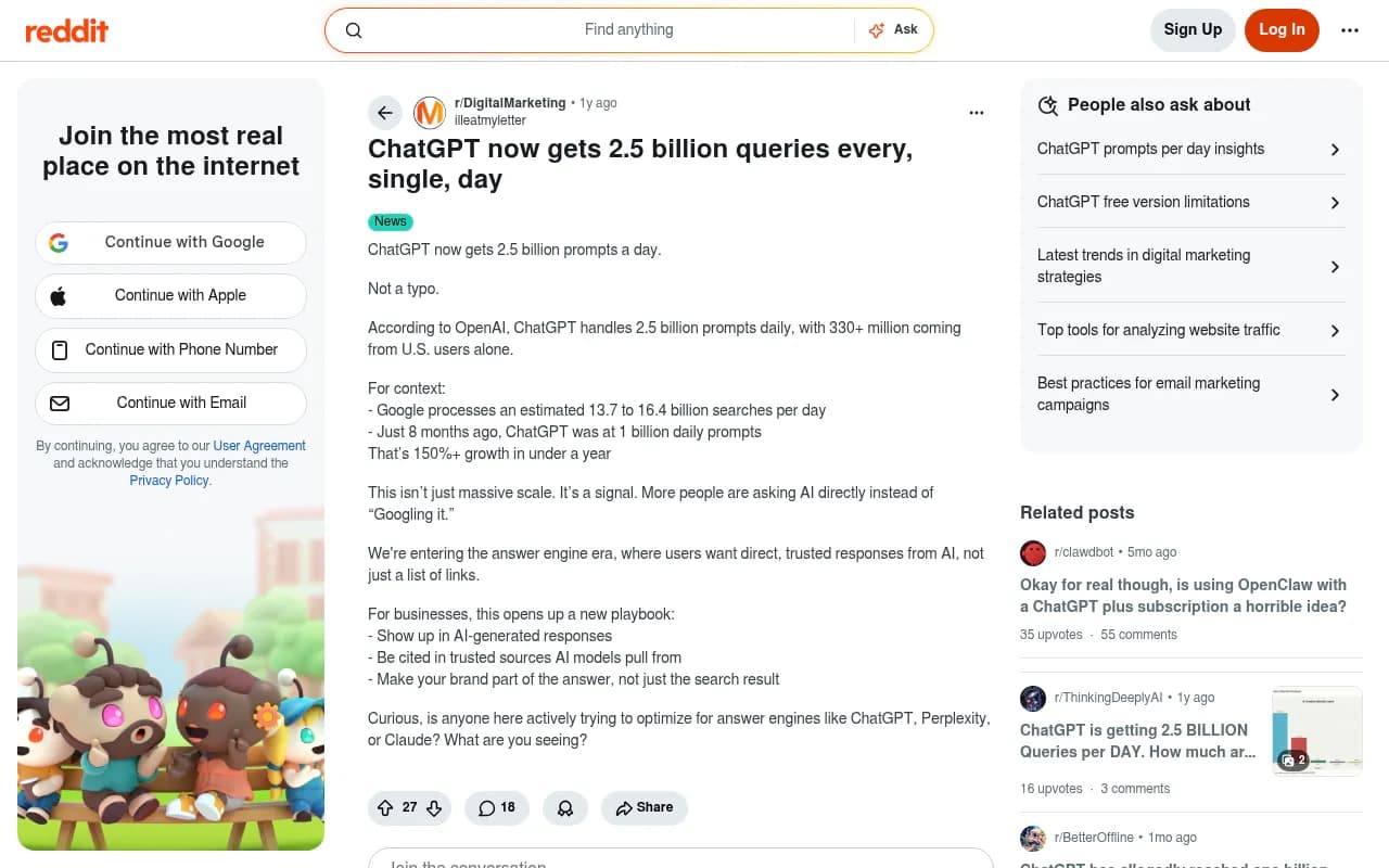 Reddit thread showing ChatGPT's 2.5 billion daily queries stat from OpenAI