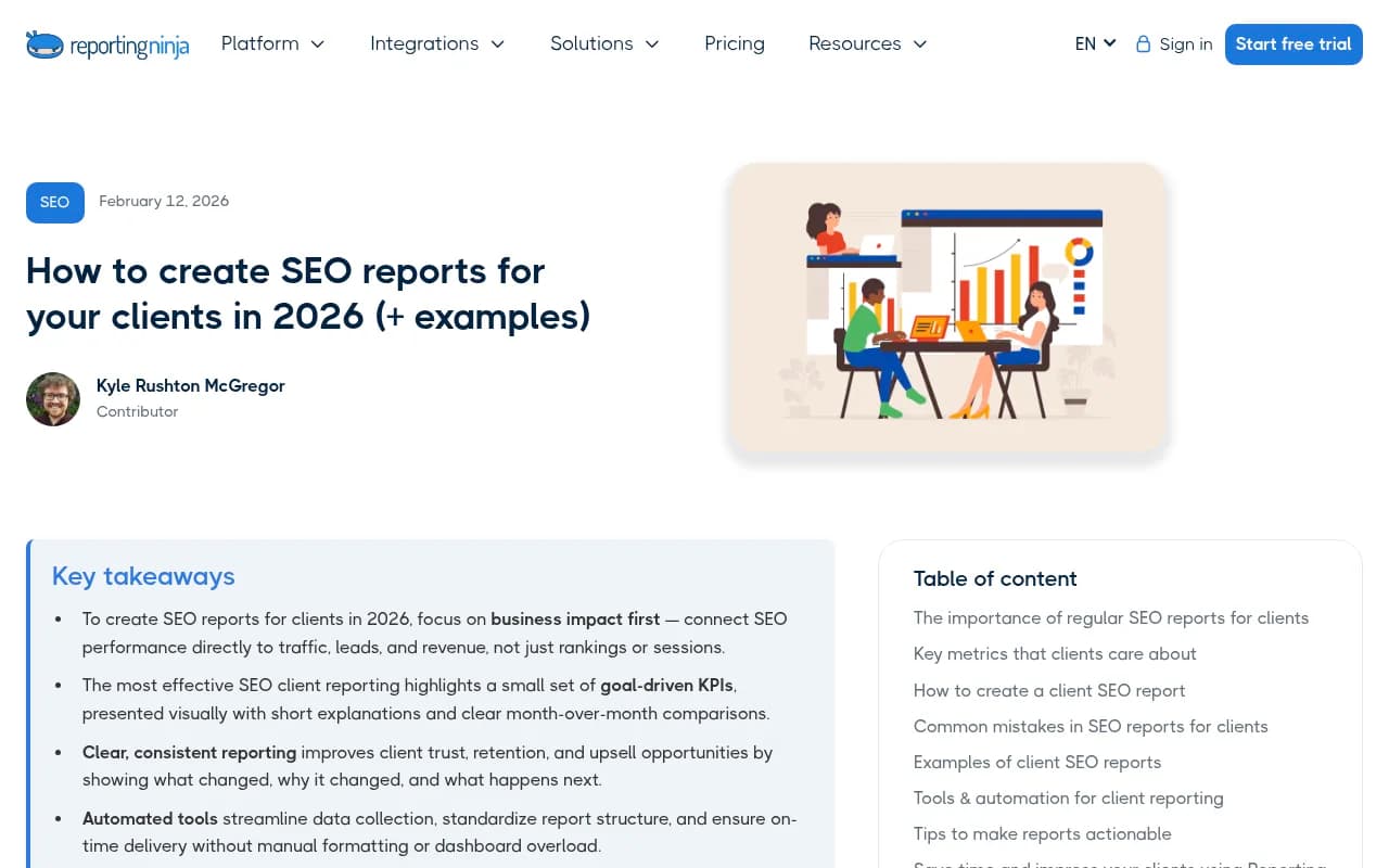 Reporting Ninja guide on creating SEO reports for clients in 2026, covering key metrics and report structure