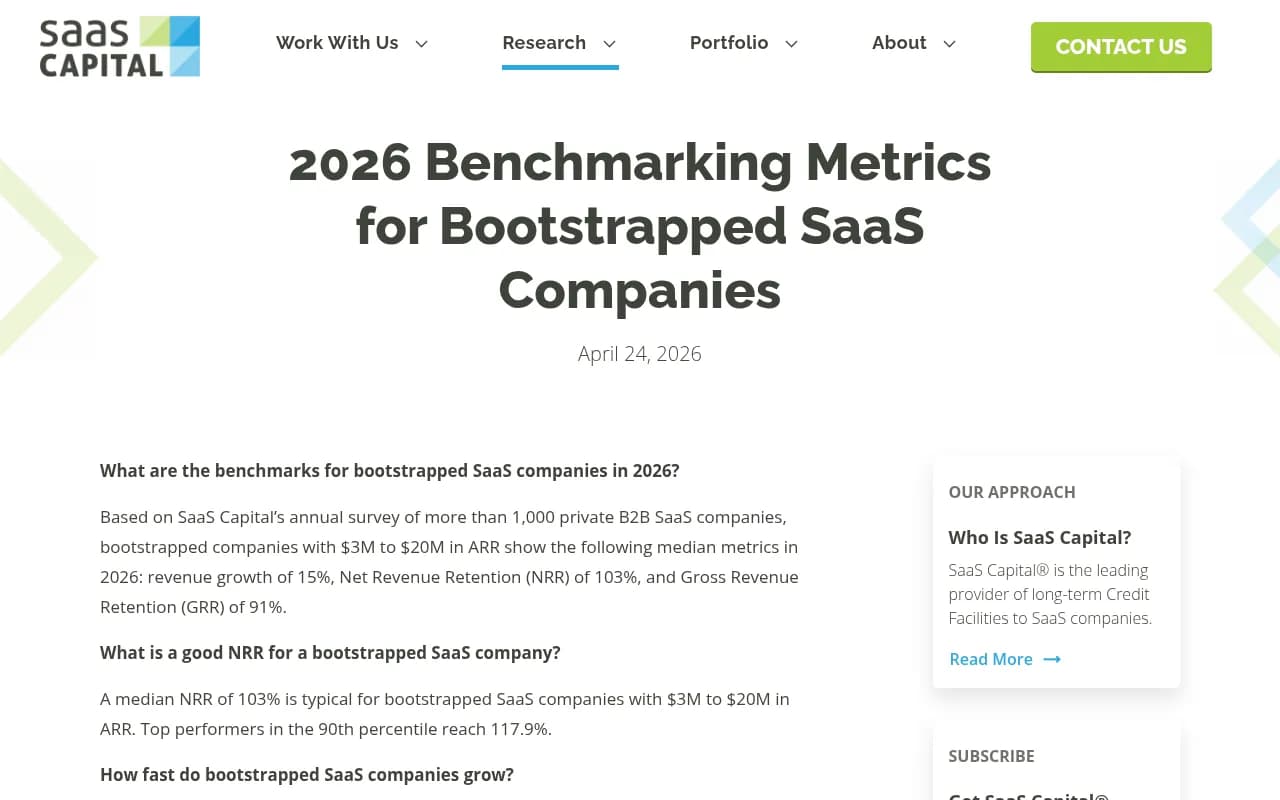SaaS Capital's 2026 benchmarking metrics for bootstrapped SaaS companies, showing median growth, NRR, and GRR figures