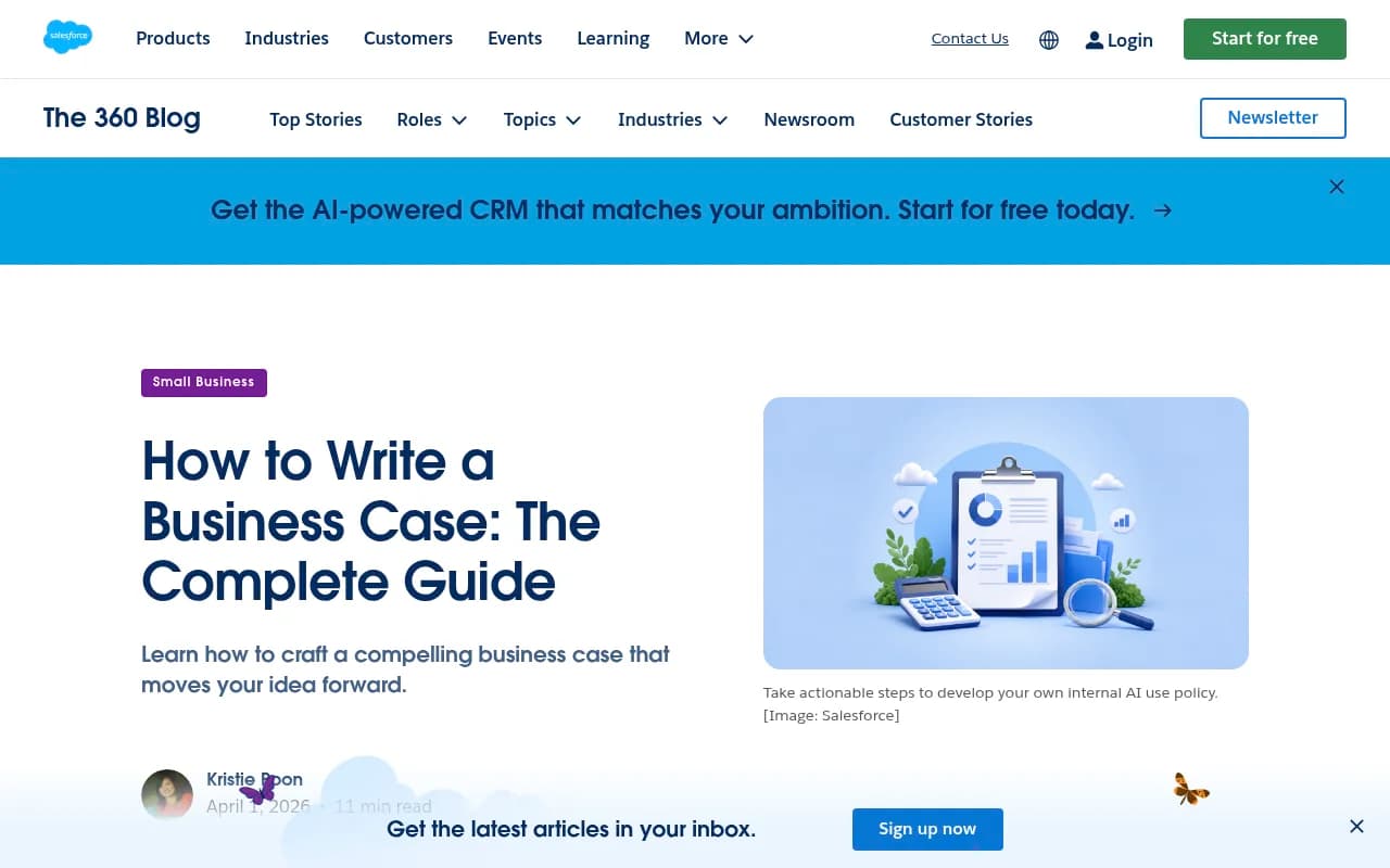 Salesforce's business case guide, a useful reference for the standard sections a finance-minded executive expects
