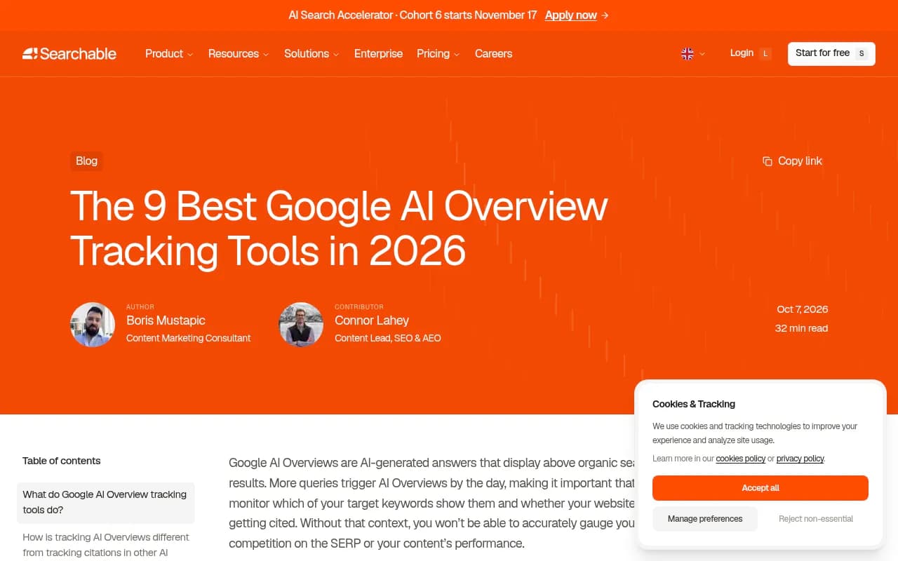 Searchable's guide to Google AI Overview tracking tools, including a section on free options
