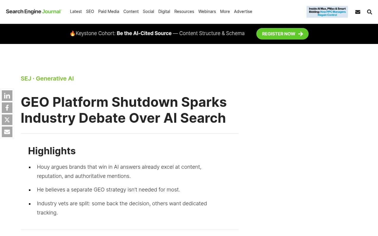 Search Engine Journal coverage of the Lorelight GEO platform shutdown and the industry debate it sparked
