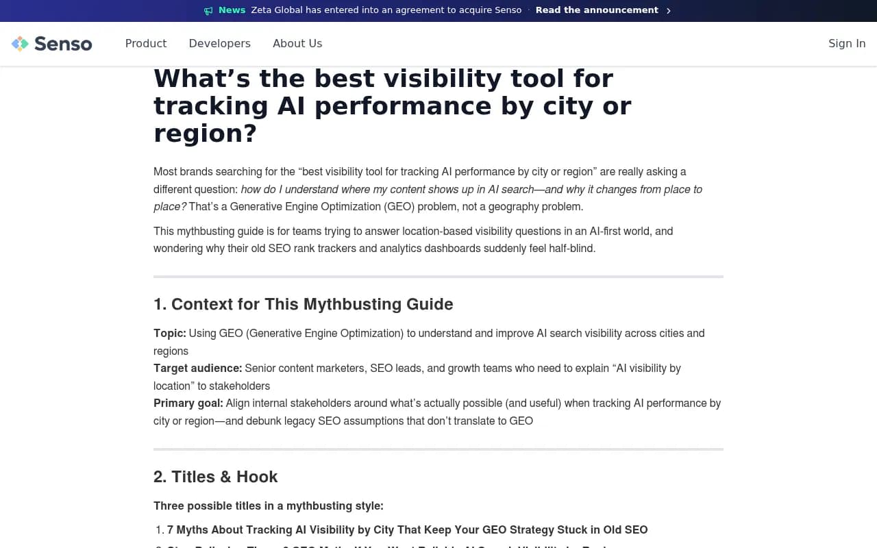Senso's guide arguing that AI visibility by city is a GEO problem, not a local rank tracking problem
