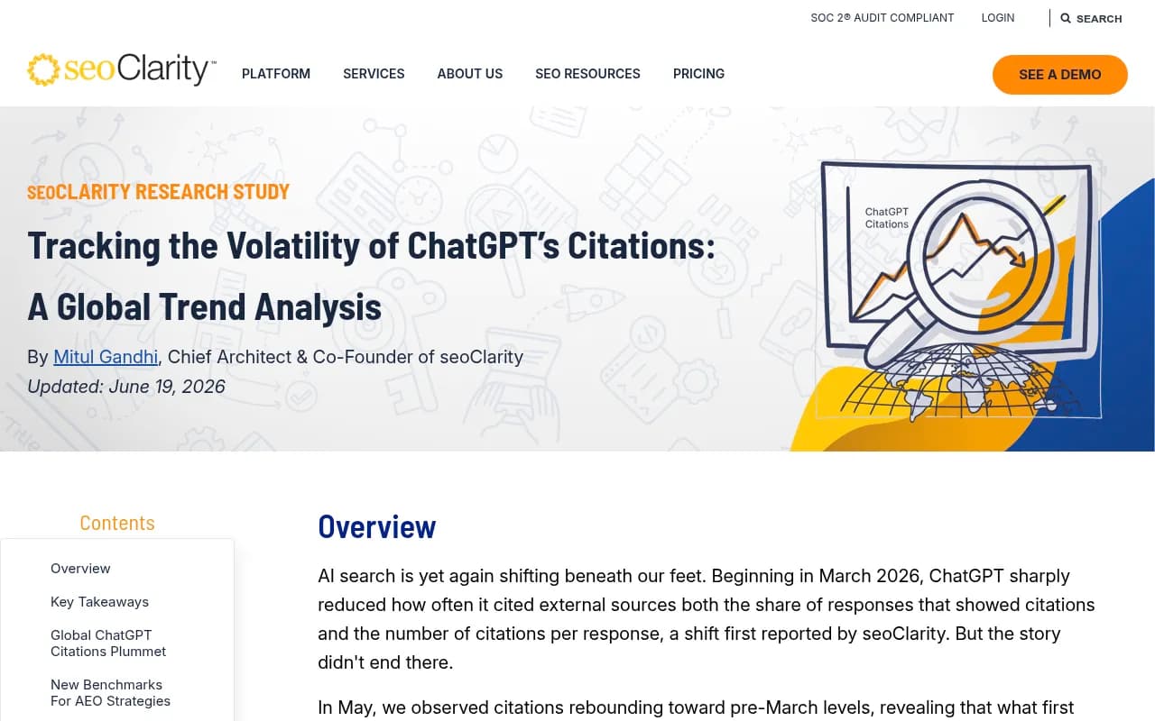seoClarity's analysis of the decline in ChatGPT citations, including its methodology note on citations per prompt