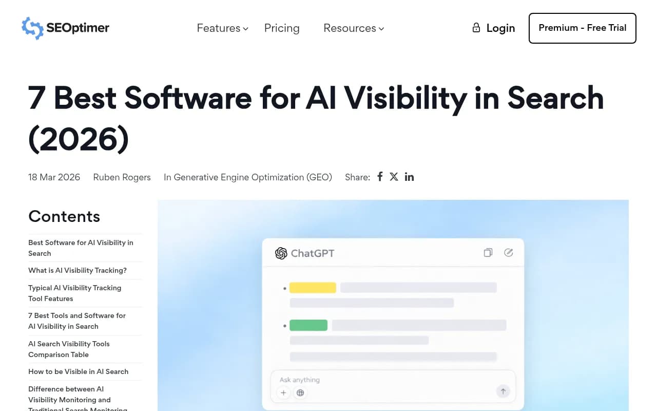 SEOptimer's roundup of best AI visibility software in 2026, showing tools like Profound, Otterly, and Peec AI