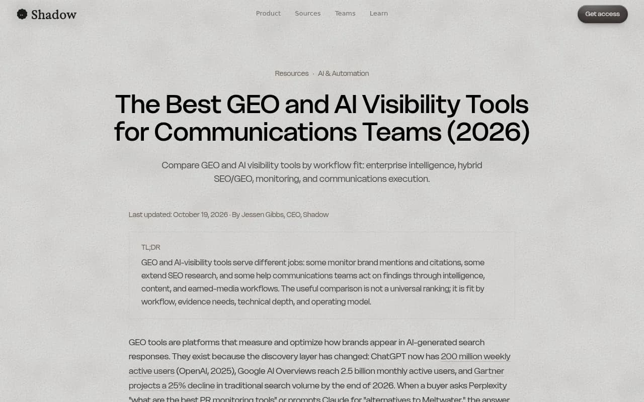Shadow's comparison of GEO and AI visibility tools for communications teams, grouped by workflow fit