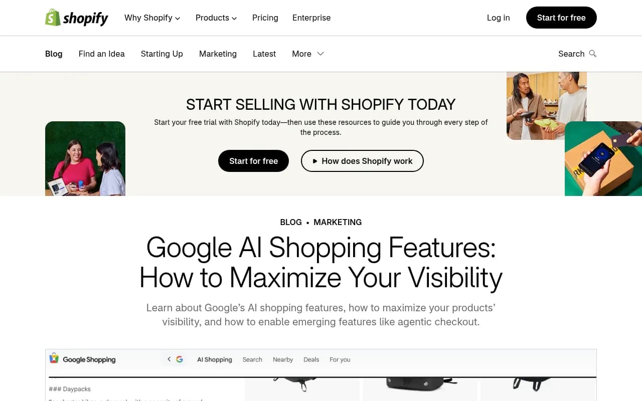 Shopify's guide to Google AI shopping features, showing AI Mode shopping results