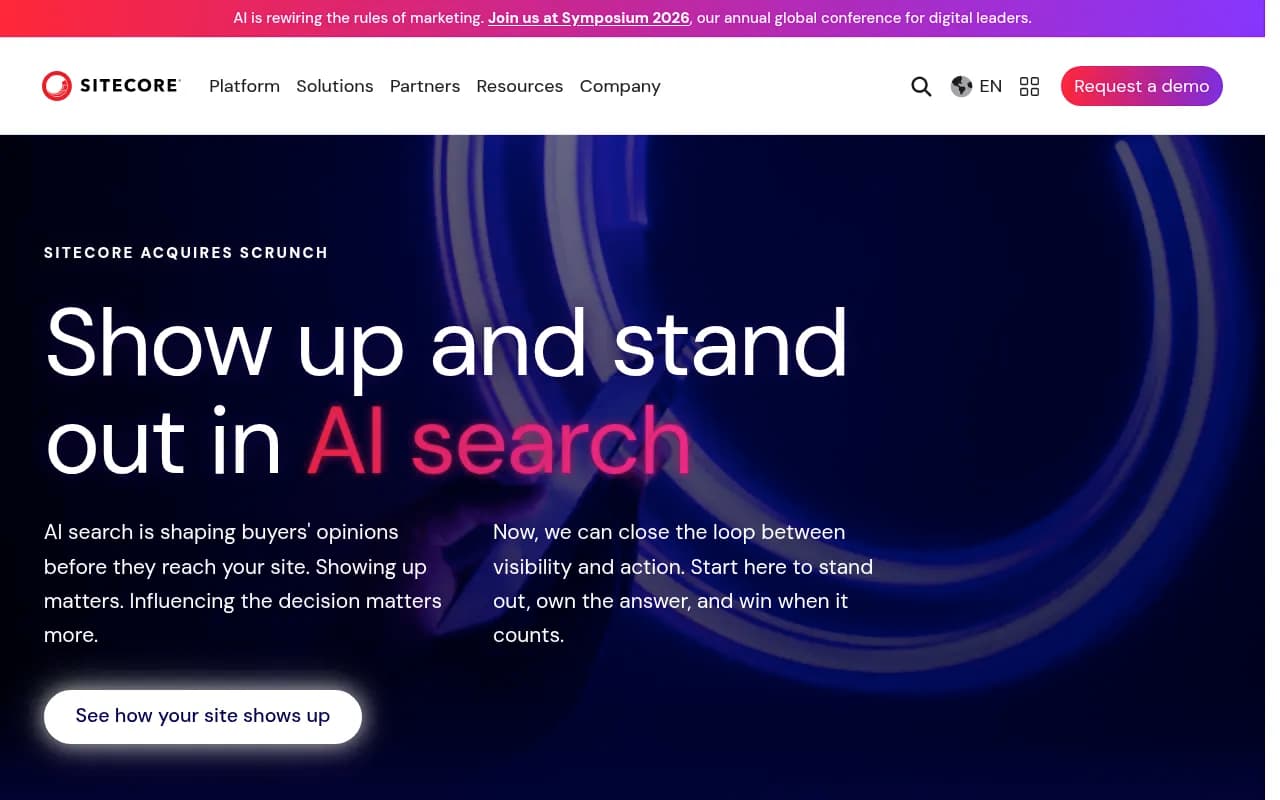 Sitecore's AI search page showcasing Scrunch's AXP capabilities including agent traffic, site maps, and AI delivery