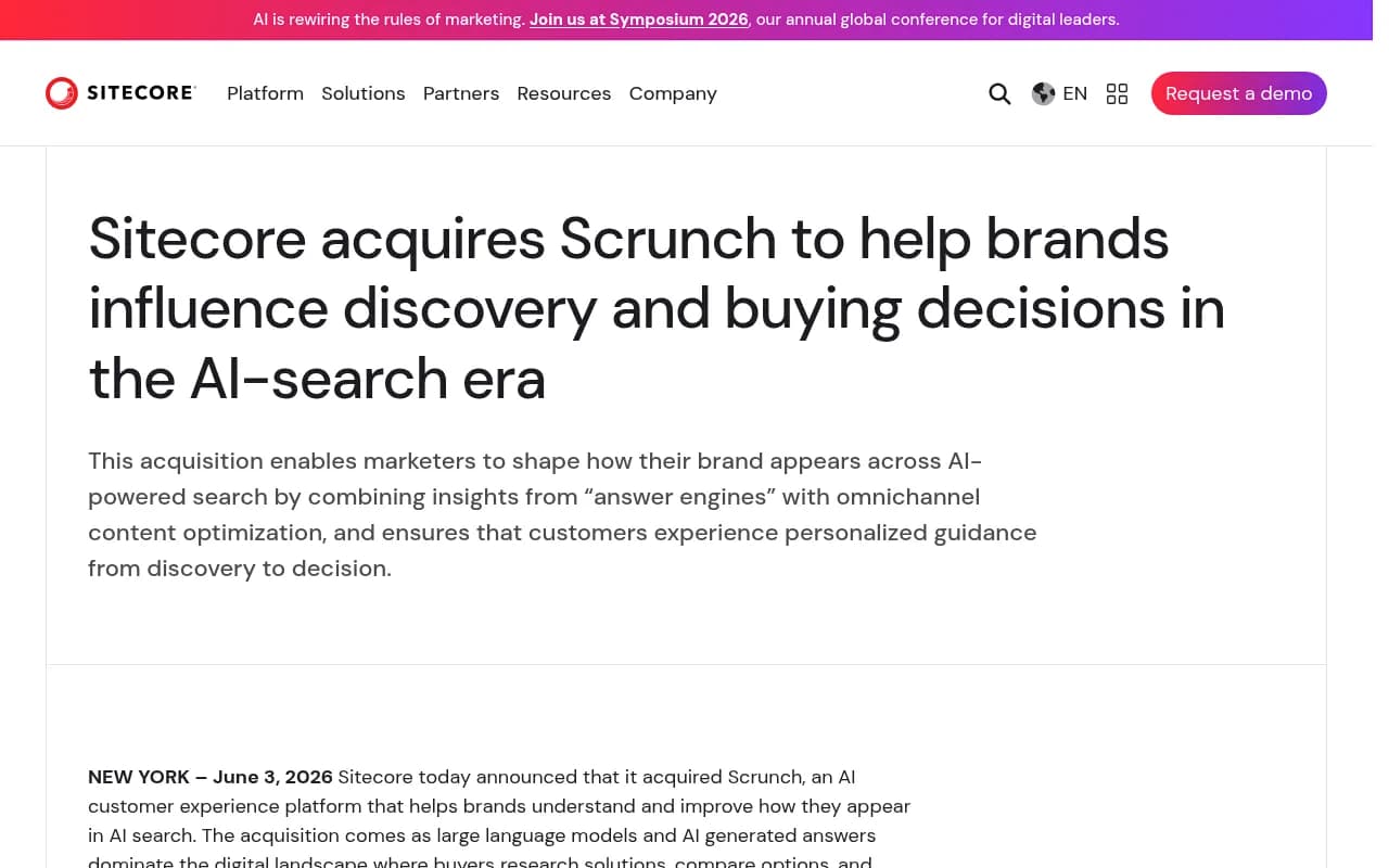 Sitecore's official announcement of the Scrunch acquisition, framing it around AI-driven buyer discovery