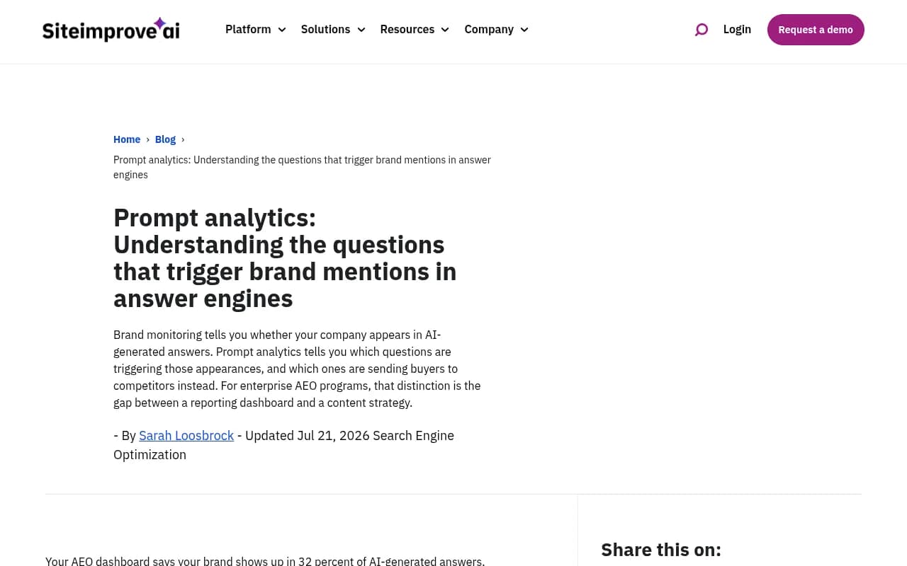 Siteimprove's breakdown of prompt analytics for answer engine mentions
