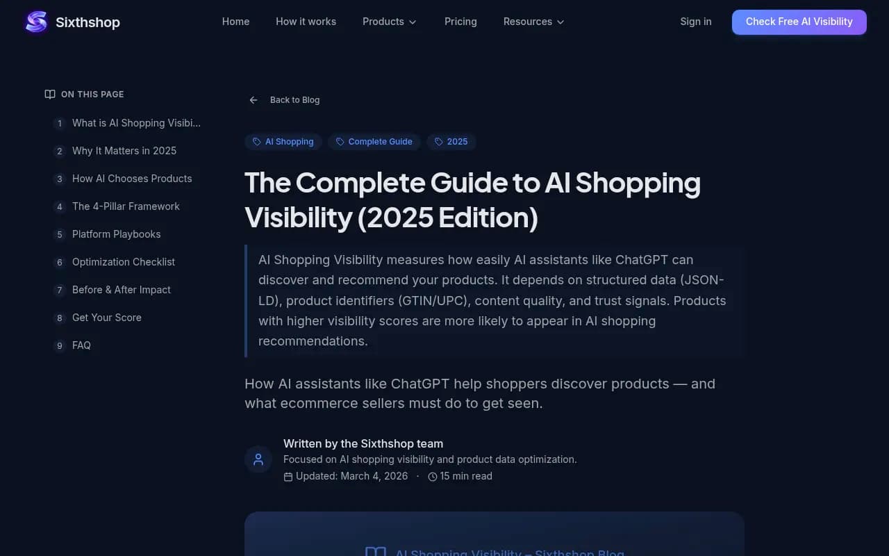 Sixthshop's guide to AI shopping visibility covering ChatGPT, Google AI, and structured data requirements for product pages