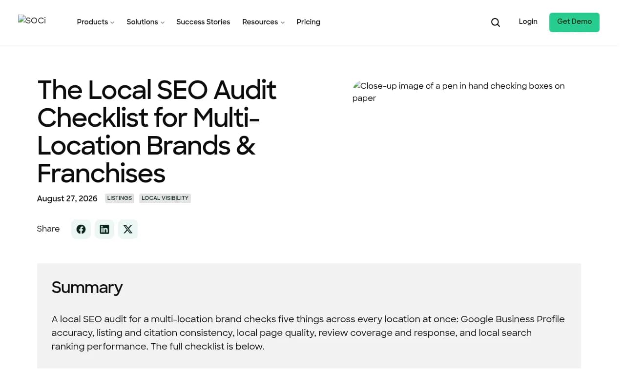 Local SEO audit checklist overview from SOCi covering GBP, citations, local pages, reviews, and rankings