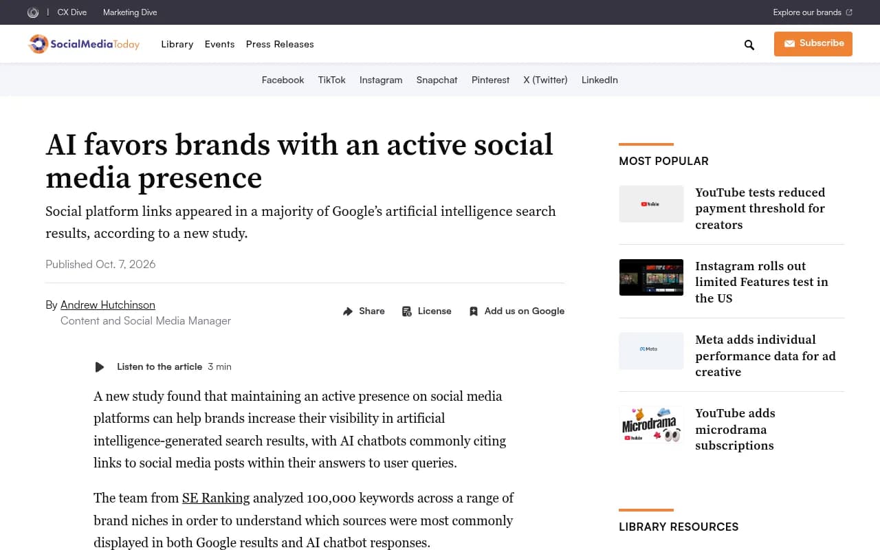 Social Media Today article summarizing a study on social links in AI search results