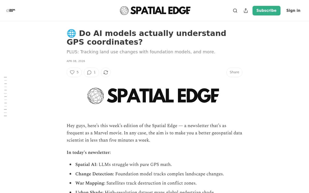 The Spatial Edge newsletter summarizing research on whether AI models understand GPS coordinates