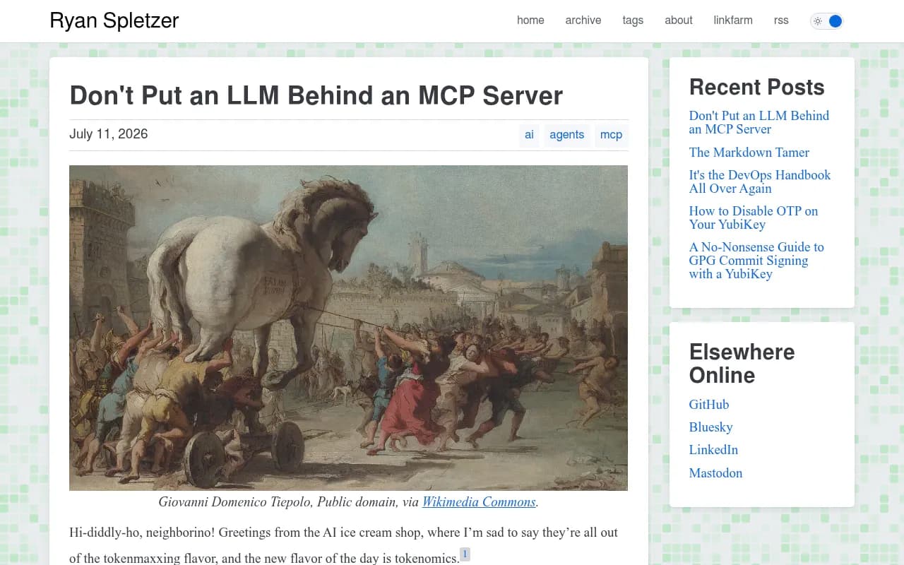 A blog post warning engineers against hiding a slow LLM reasoning loop behind an MCP server, illustrated with a Trojan horse