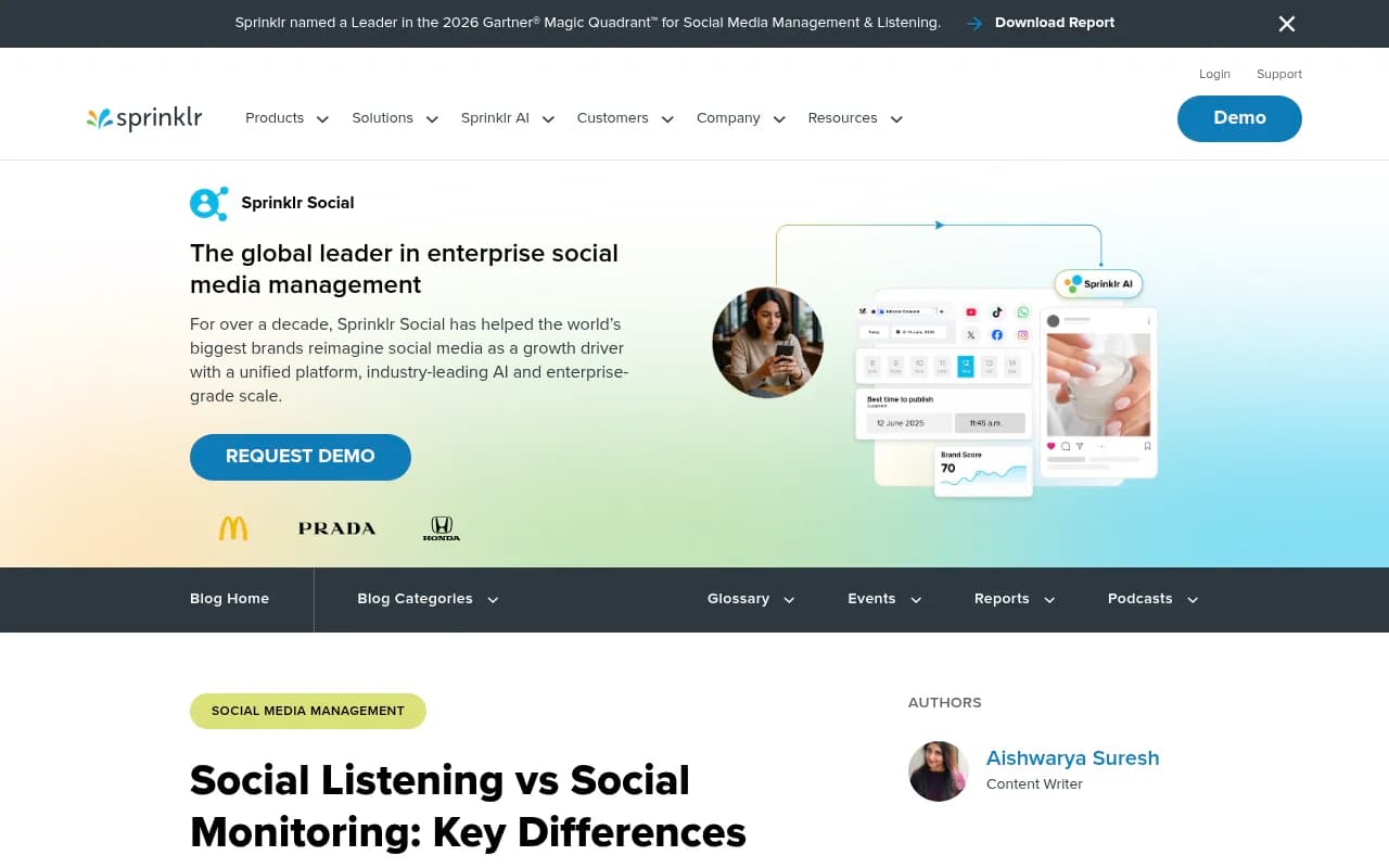 Screenshot of the Sprinklr blog comparing social monitoring and social listening dimensions