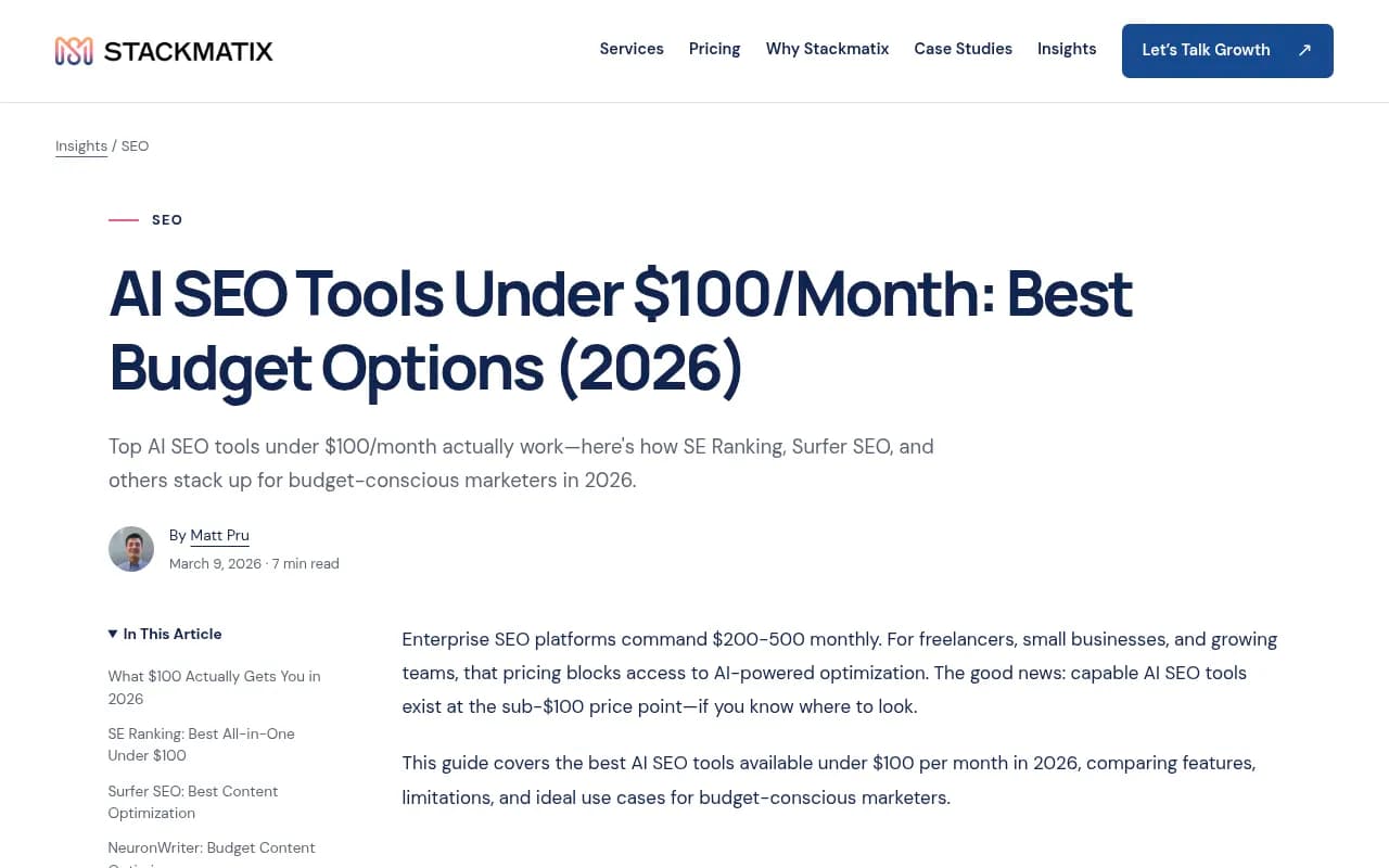 Stackmatix guide to AI SEO tools under $100 a month